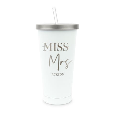 Personalized White Metal Drink Tumbler with Metallic Lid - Miss to Mrs