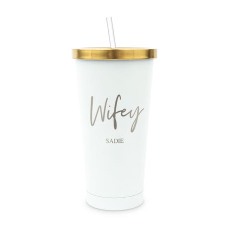 Personalized White Metal Drink Tumbler with Metallic Lid - Wifey