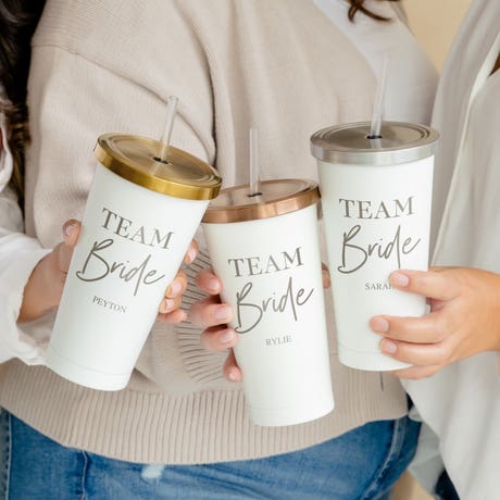 Personalized White Metal Drink Tumbler with Metallic Lid -Team Bride