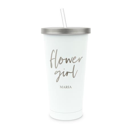 Personalized White Metal Drink Tumbler with Metallic Lid - Flower Girl