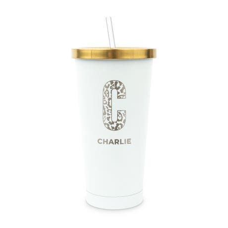Personalized White Metal Drink Tumbler with Metallic Lid - Leopard Print Initial