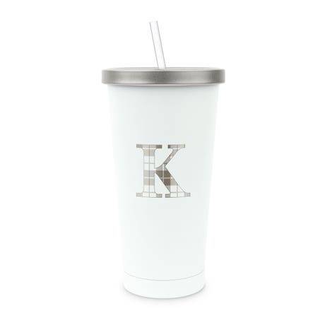 Personalized White Metal Drink Tumbler with Metallic Lid - Buffalo Plaid Initial