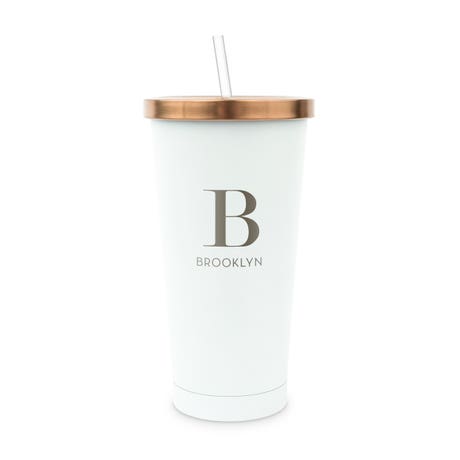 Personalized White Metal Drink Tumbler with Metallic Lid - Modern Serif Monogram