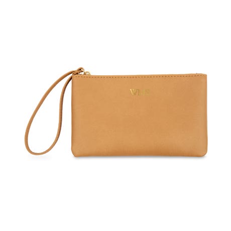 Personalized Monogram Printed Vegan Leather Wristlet - Tan