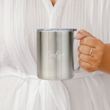 Personalized 10 Oz. Insulated Metal Travel Coffee Mug - Calligraphy - Unique Gift For Her