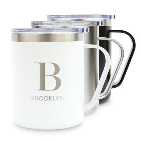 Personalized 10 Oz. Insulated Metal Travel Coffee Mug - Modern Serif Initial - Unique Gift For Her