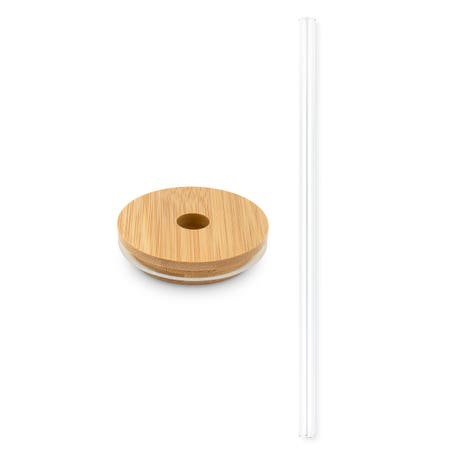 Round Bamboo Lid with Straight Glass Straw - Natural