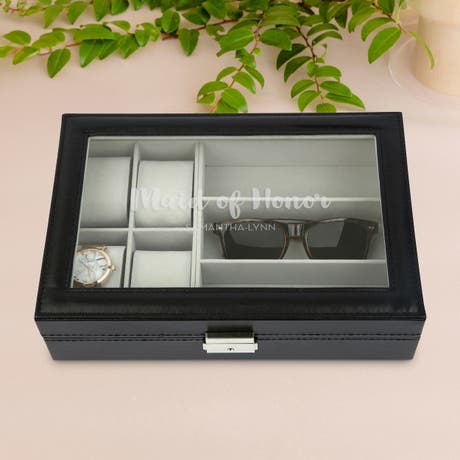 Personalized Black Faux Leather Watch and Sunglasses Travel Box - Bridesmaid