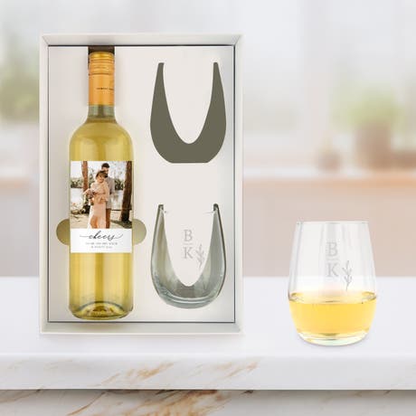 Personalized 13.5 Oz. Stemless Wine Glass Gift Box Set - Rustic Love Monogram