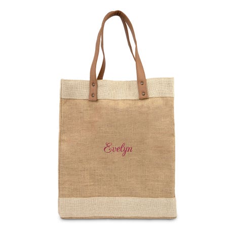 Personalized Large Jute Tote Bag with Faux Leather Handle - Beige - Unique Gift For Her