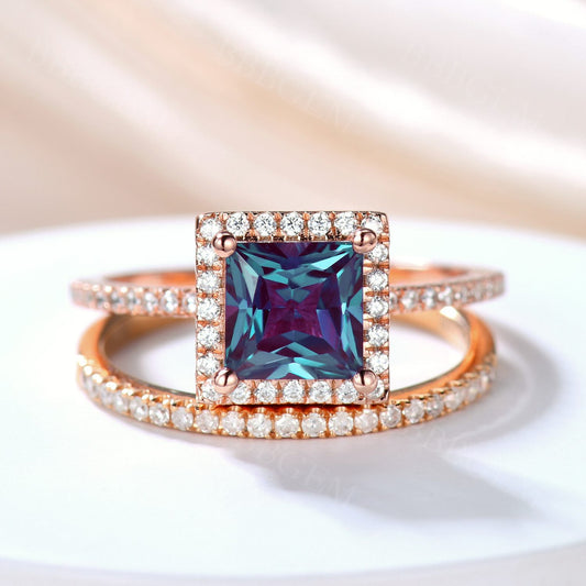 2pcs Alexandrite Bridal Set 6mm Princess Cut Alexandrite Diamond Engagement Ring Set In Rose Gold