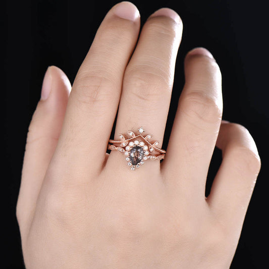 14K/18K Diamond Halo Black Rutilated Quartz Diamond Engagement Rings Wedding Set