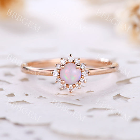 0.5CT Dainty White Fire Opal Engagement Ring Diamond Halo Ring Rose Gold