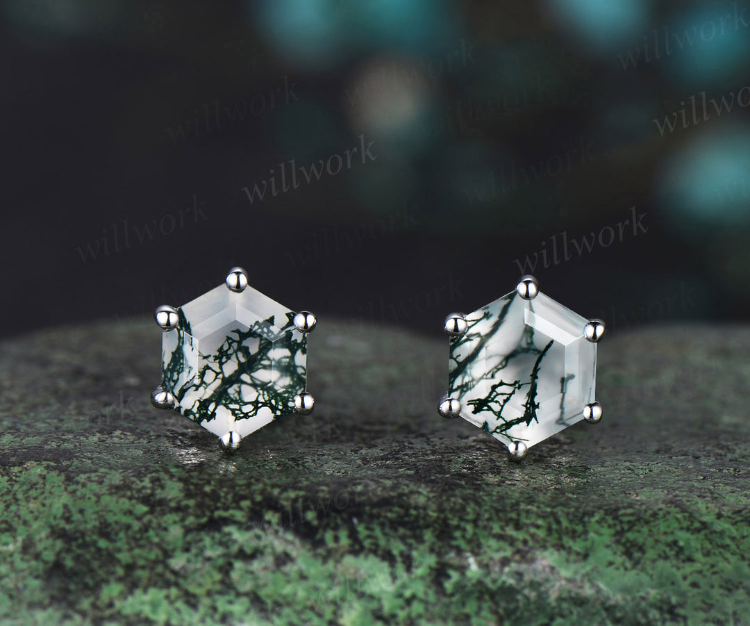 Hexagon Cut Green Moss Agate Stud Earrings 14k White Gold Solitaire Minimalist 6 Prong Earrings Anniversary Gift For Women