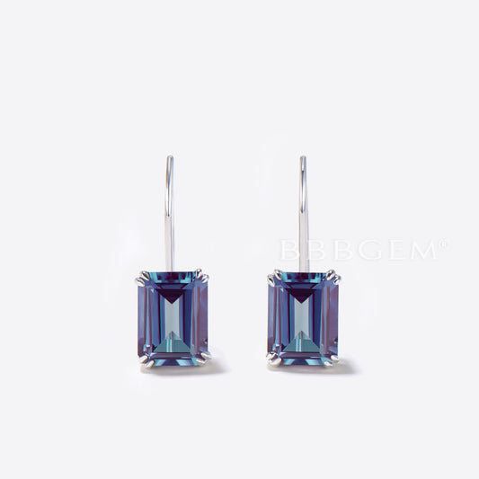 Emerald Cut Color-change Alexandrite Minimalist Hook Earrings Solitaire Earrings