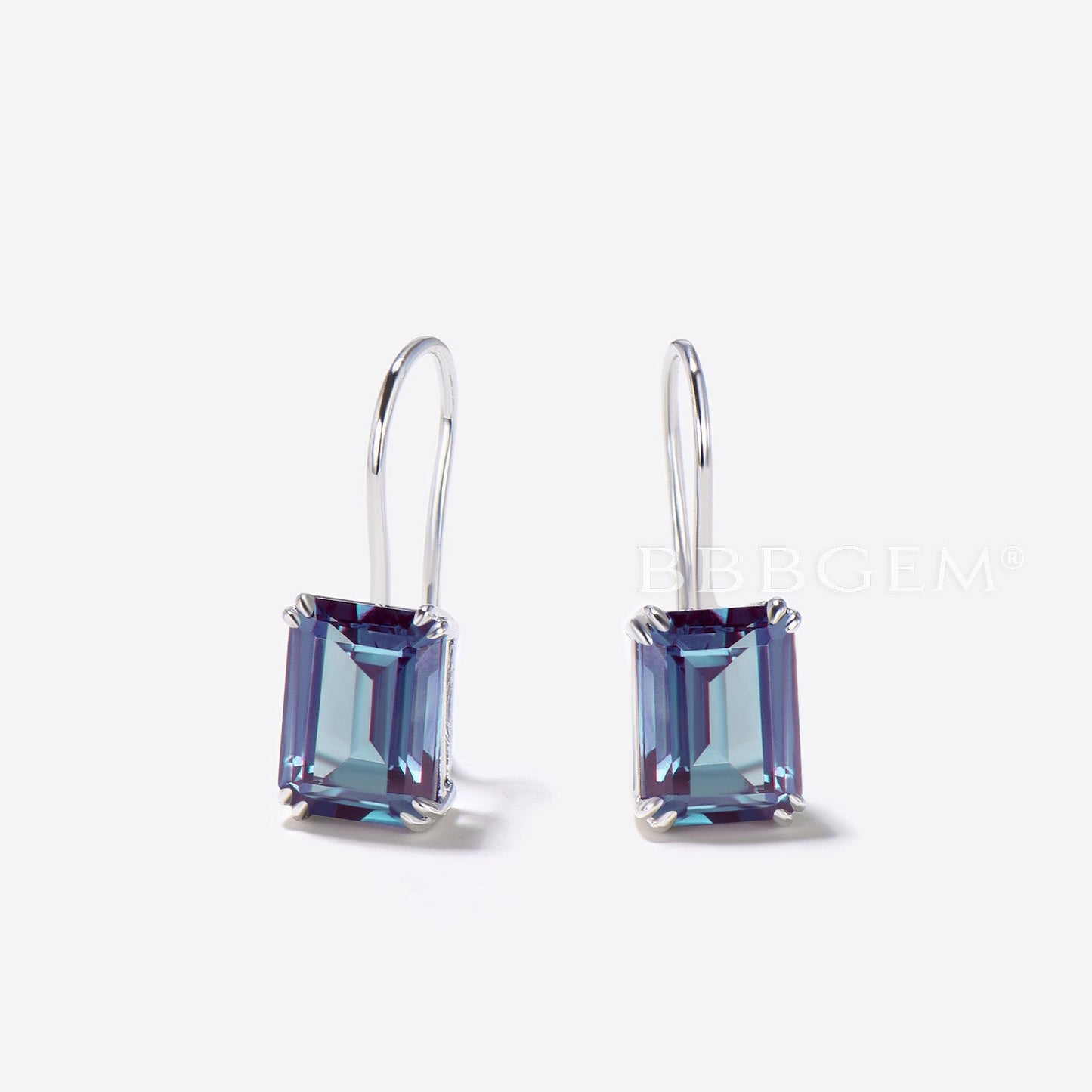 Emerald Cut Color-change Alexandrite Minimalist Hook Earrings Solitaire Earrings