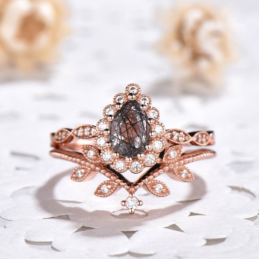 14K/18K Diamond Halo Black Rutilated Quartz Diamond Engagement Rings Wedding Set