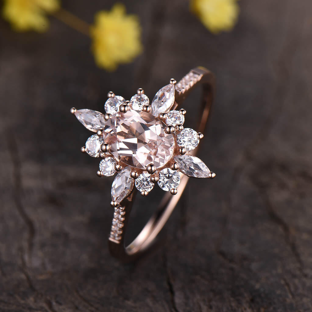 14K/18K Floral Morganite Moissanite/Diamonds Engagement Ring Unique