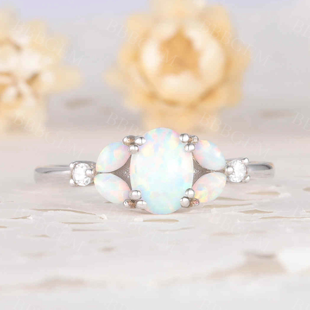 Floral opal engagement ring white gold Oval and Marquise promise ring for women