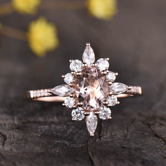 14K/18K Floral Morganite Moissanite/Diamonds Engagement Ring Unique