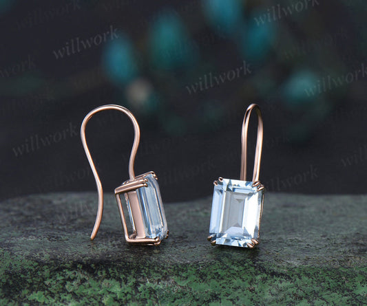 Emerald Cut Aquamarine Stud Earrings Solid 14k White Gold Solitaire Minimalist Earrings Anniversary Gift For Women