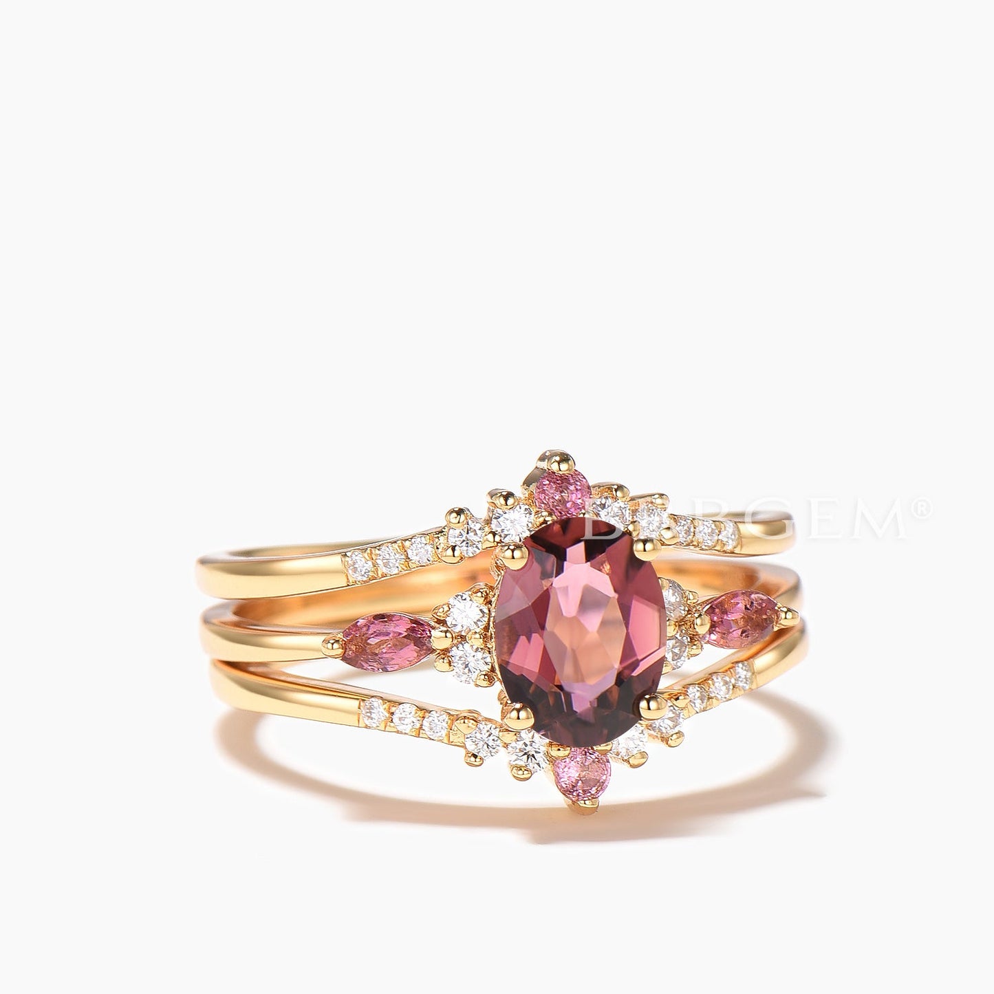 3PC Bridal Set Oval Cut Natural Pink Tourmaline Wedding Ring Diamond Band
