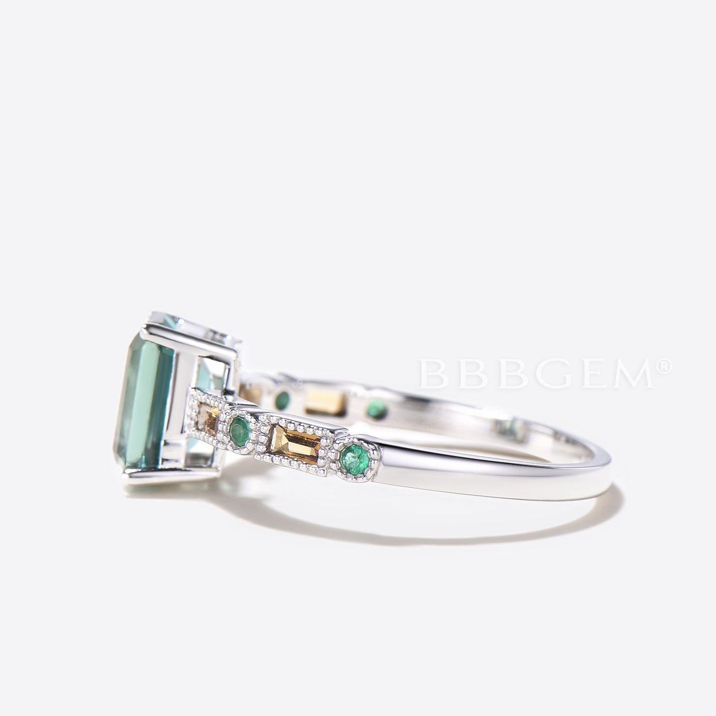 2ct Emerald Cut Green Sapphire Wedding Ring Emerald Citrine Half Eternity Ring