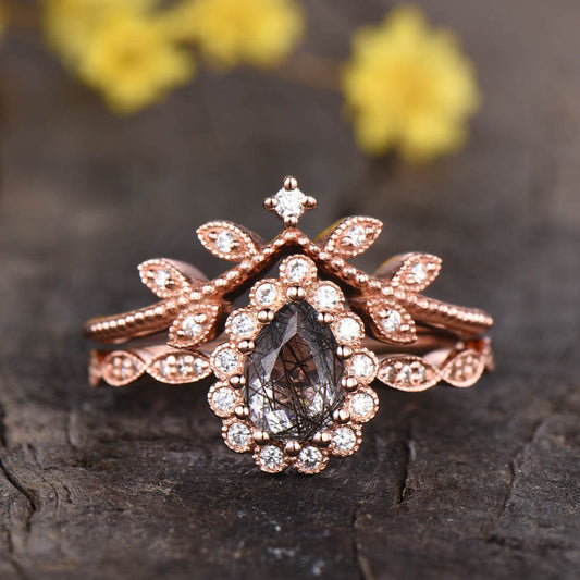 14K/18K Diamond Halo Black Rutilated Quartz Diamond Engagement Rings Wedding Set