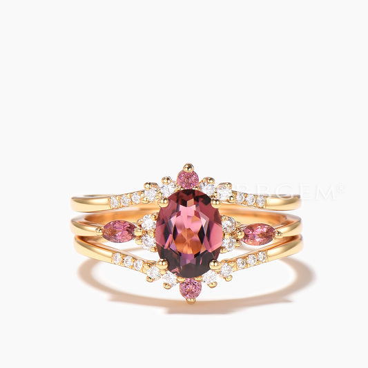 3PC Bridal Set Oval Cut Natural Pink Tourmaline Wedding Ring Diamond Band