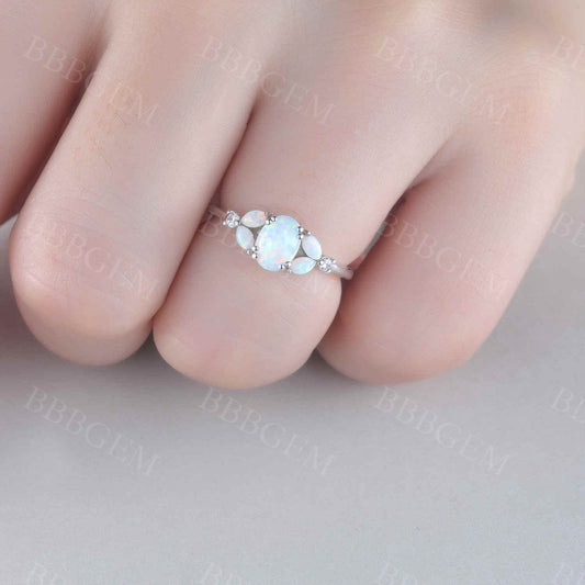 Floral opal engagement ring white gold Oval and Marquise promise ring for women