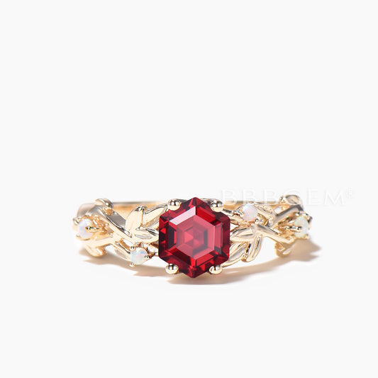 Hexagon Cut Ruby Leaf Engagement Ring Opal Split Shank Nature Inspired Ring
