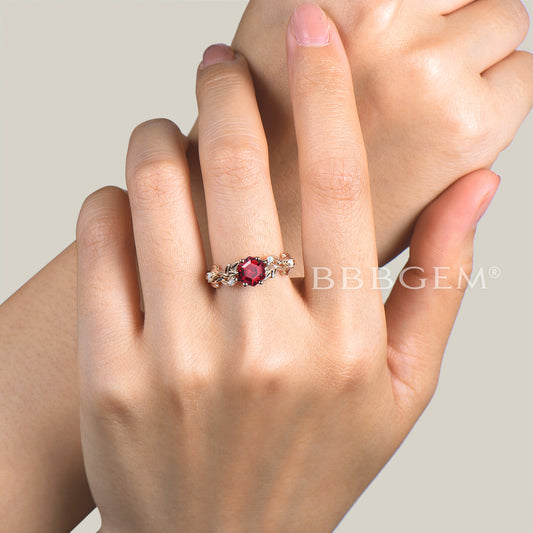 Hexagon Cut Ruby Leaf Engagement Ring Opal Split Shank Nature Inspired Ring