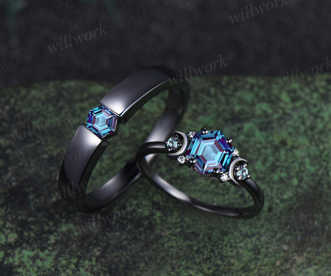 Hexagon Cut Alexandrite Art Deco Moon Engagement Ring & Matching Alexandrite Solitaire Wedding Ring Black Gold Unique Couple Ring Set