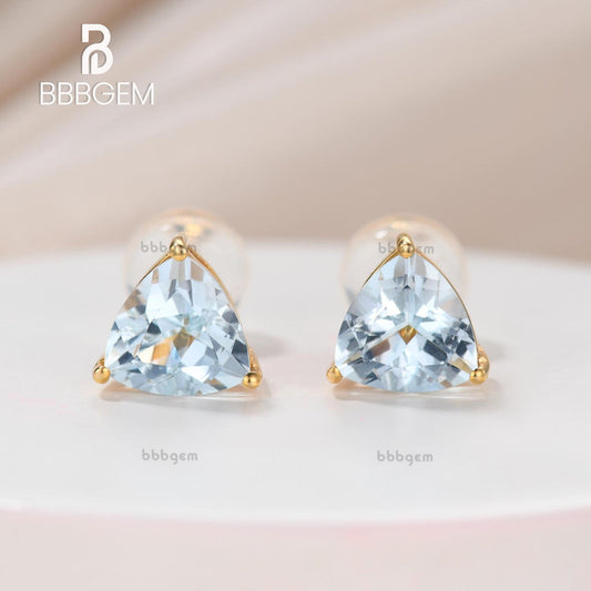 Handmade 14K White Gold AA 6mm Trillion Cut Aquamarine Solitaire Stud Earrings Post Back Basket-Set 1.20 Carat