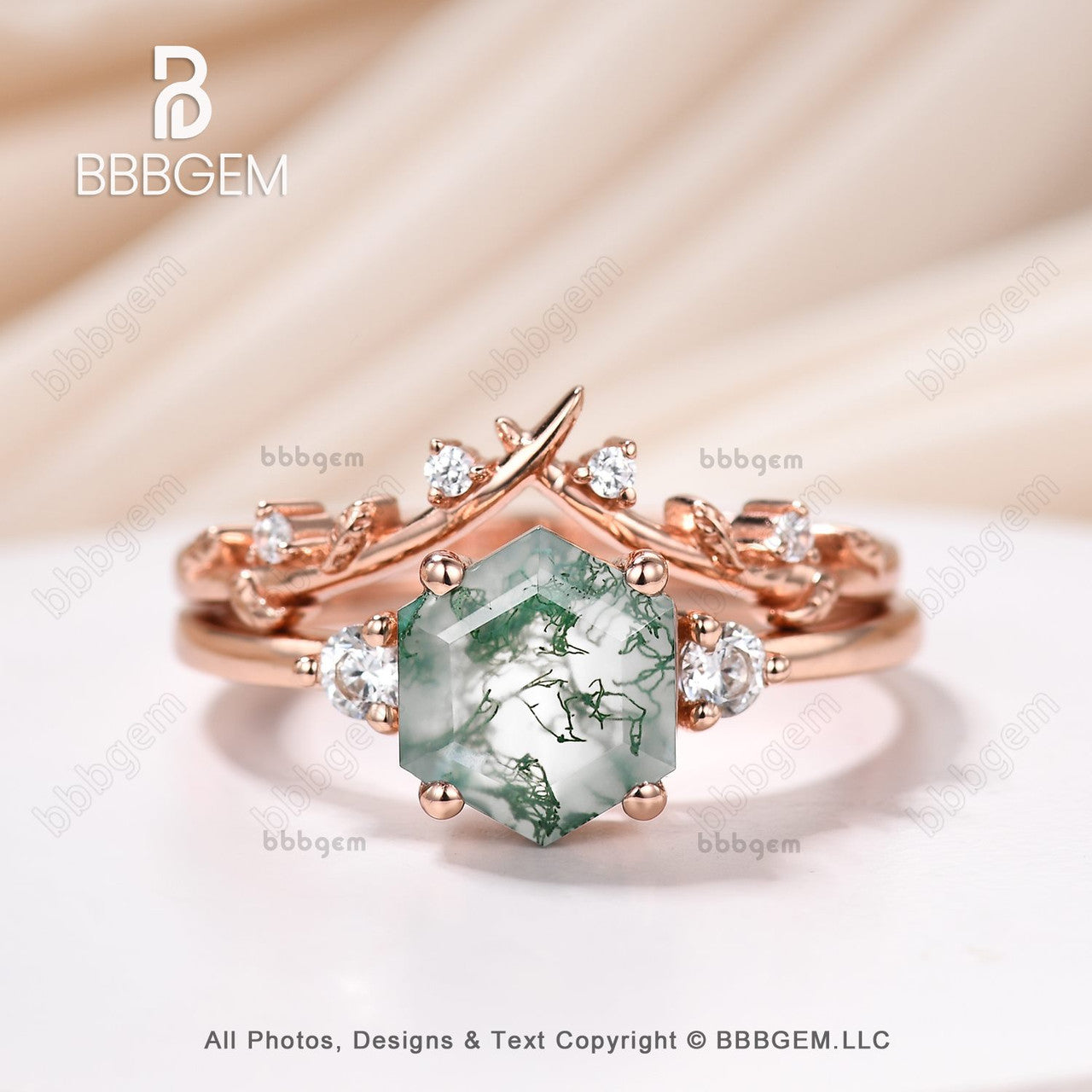 Hexagon Cut Moss Agate Ring Set Rose Gold 3-Stones Hexagon Moss Agate Moissanite Engagement Ring