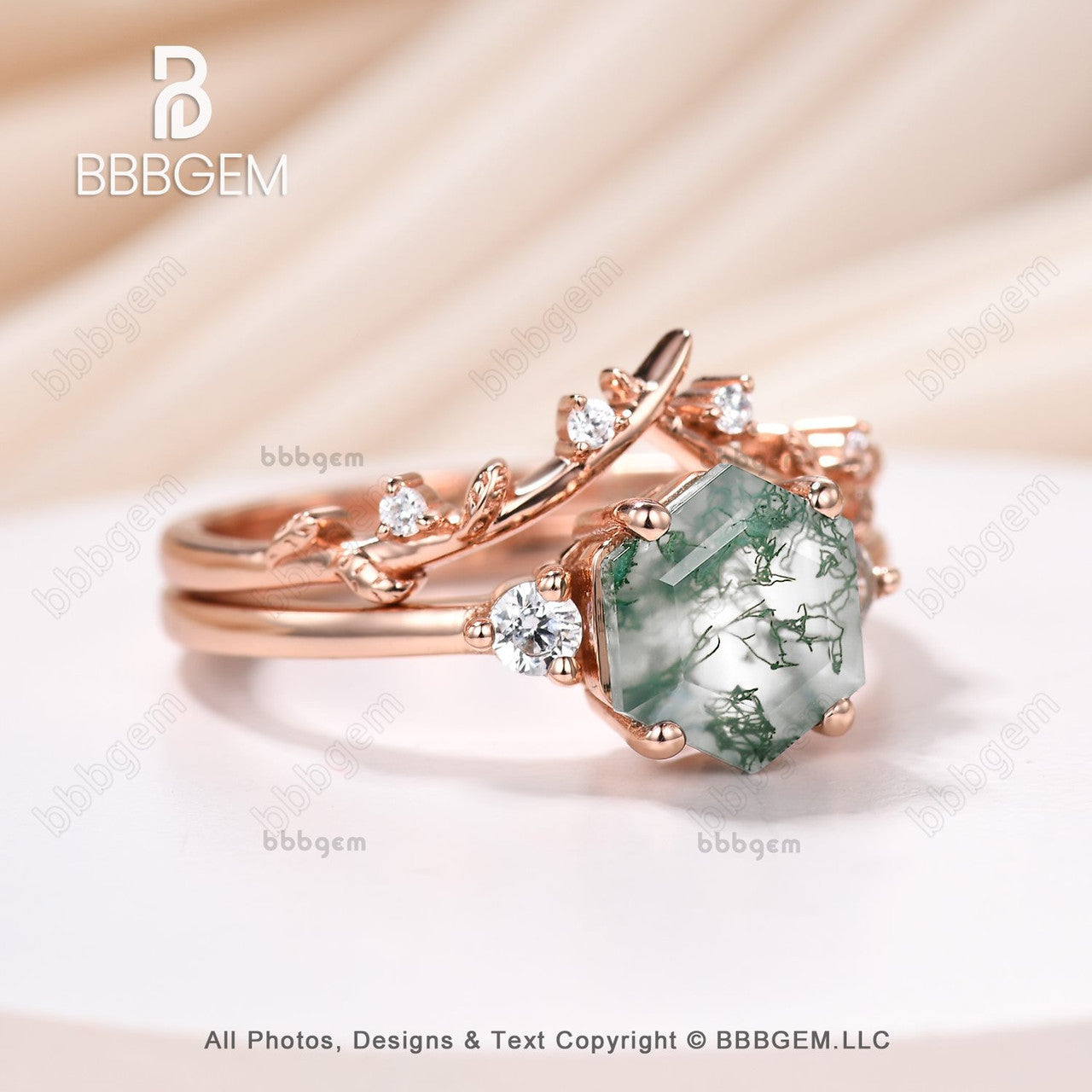 Hexagon Cut Moss Agate Ring Set Rose Gold 3-Stones Hexagon Moss Agate Moissanite Engagement Ring