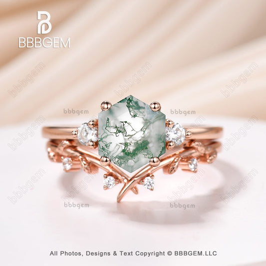 Hexagon Cut Moss Agate Ring Set Rose Gold 3-Stones Hexagon Moss Agate Moissanite Engagement Ring