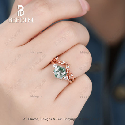 Hexagon Cut Moss Agate Ring Set Rose Gold 3-Stones Hexagon Moss Agate Moissanite Engagement Ring