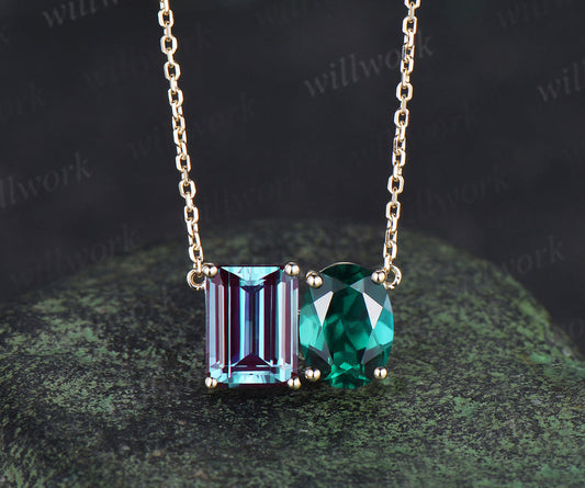 Emerald Cut Alexandrite Oval Emerald Pendant Necklace Minimalist Two Stones Toi Et Moi Pendant Couple Birthstone Necklace