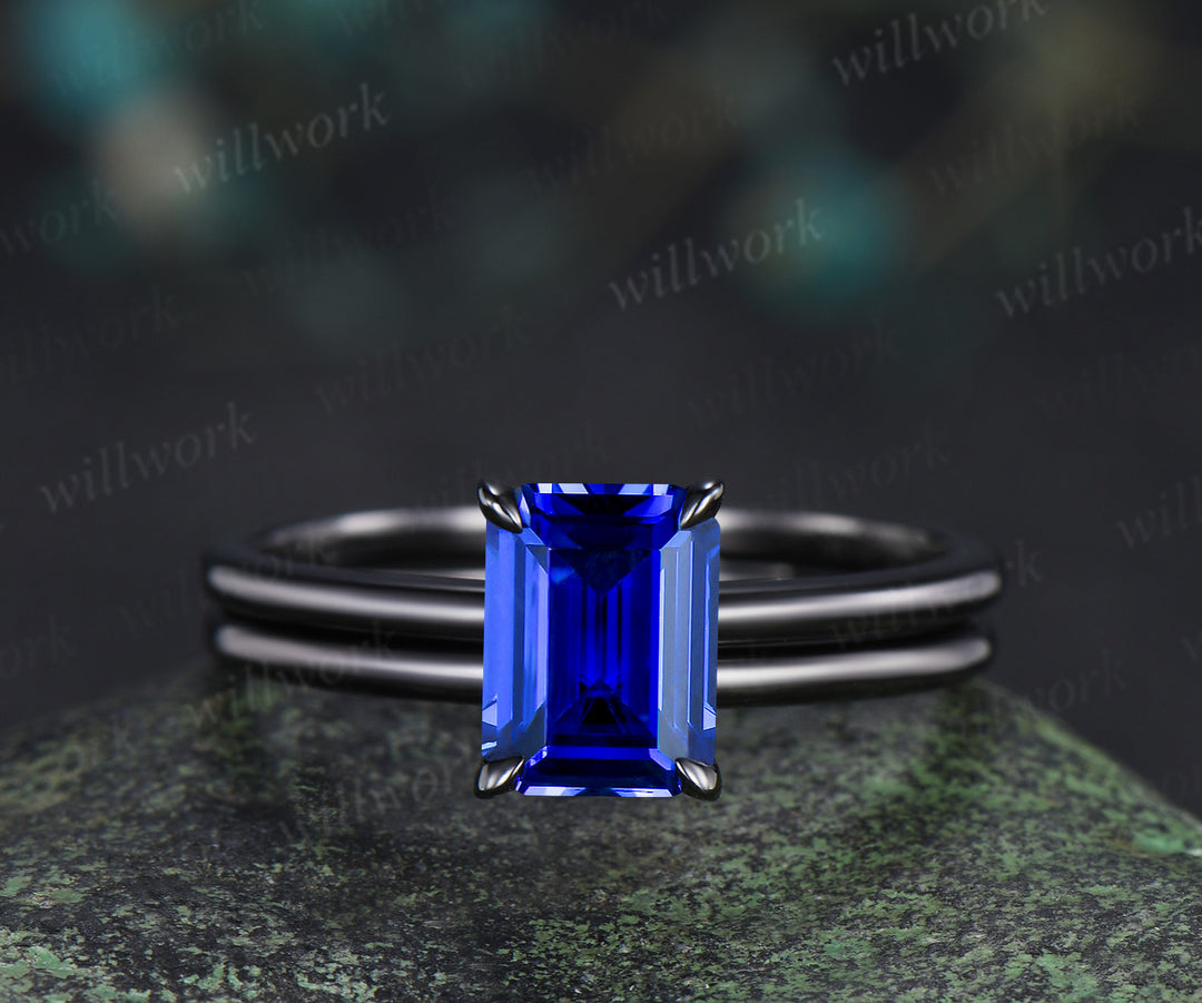 Emerald Cut Sapphire Engagement Ring Set Solitaire Black Gold Ring Minimalist Band Bridal Set September Birthstone Jewelry