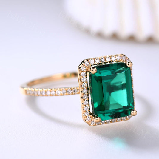 4CT Emerald Cut Emerald Engagement Ring Rose Gold Halo Diamond Wedding Ring