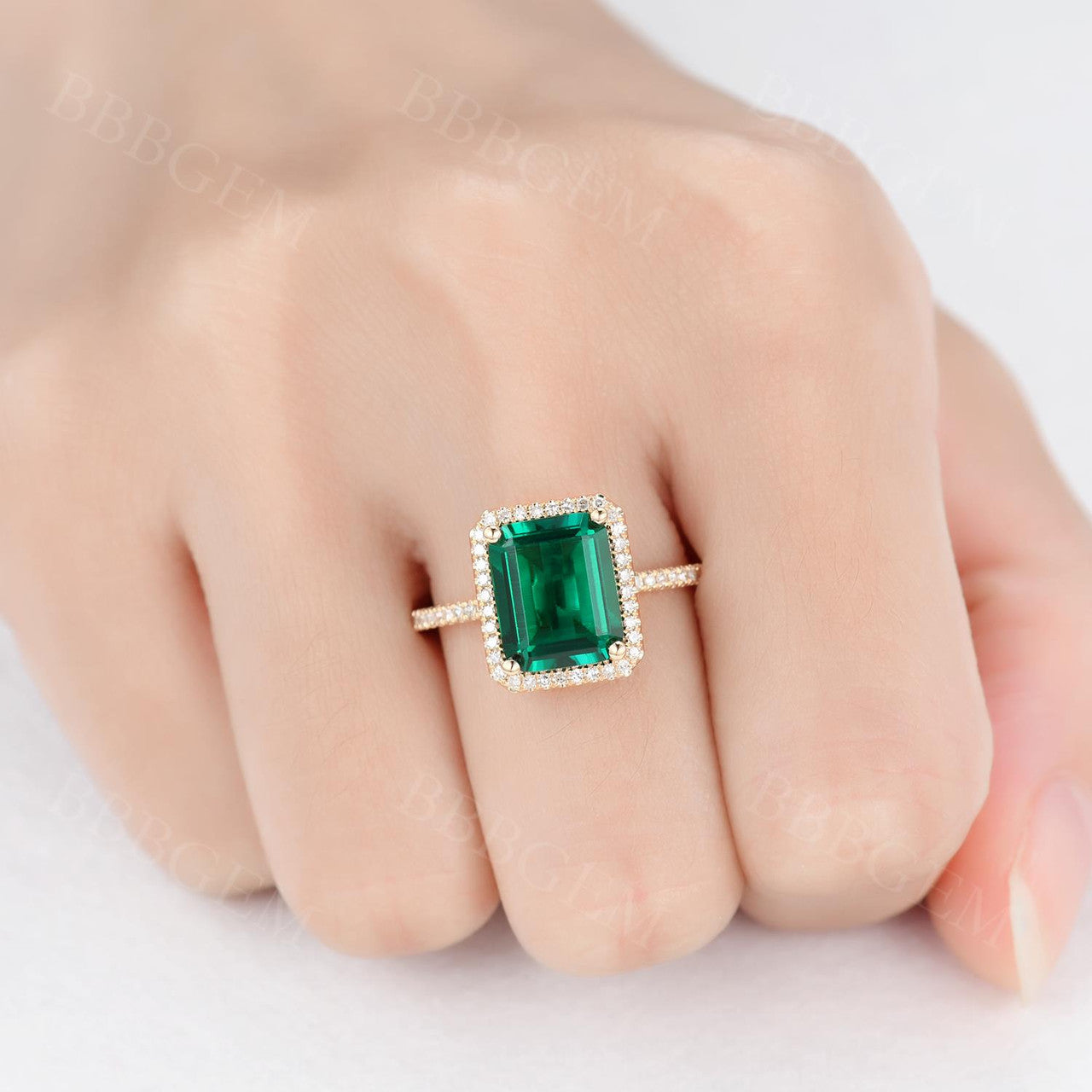 4CT Emerald Cut Emerald Engagement Ring Rose Gold Halo Diamond Wedding Ring