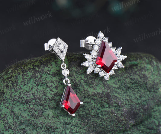 Kite Cut Ruby Asymmetrical Earrings Drop & Stud Red Gemstone Earrings Unique Mismatched Statement Jewelry For Women