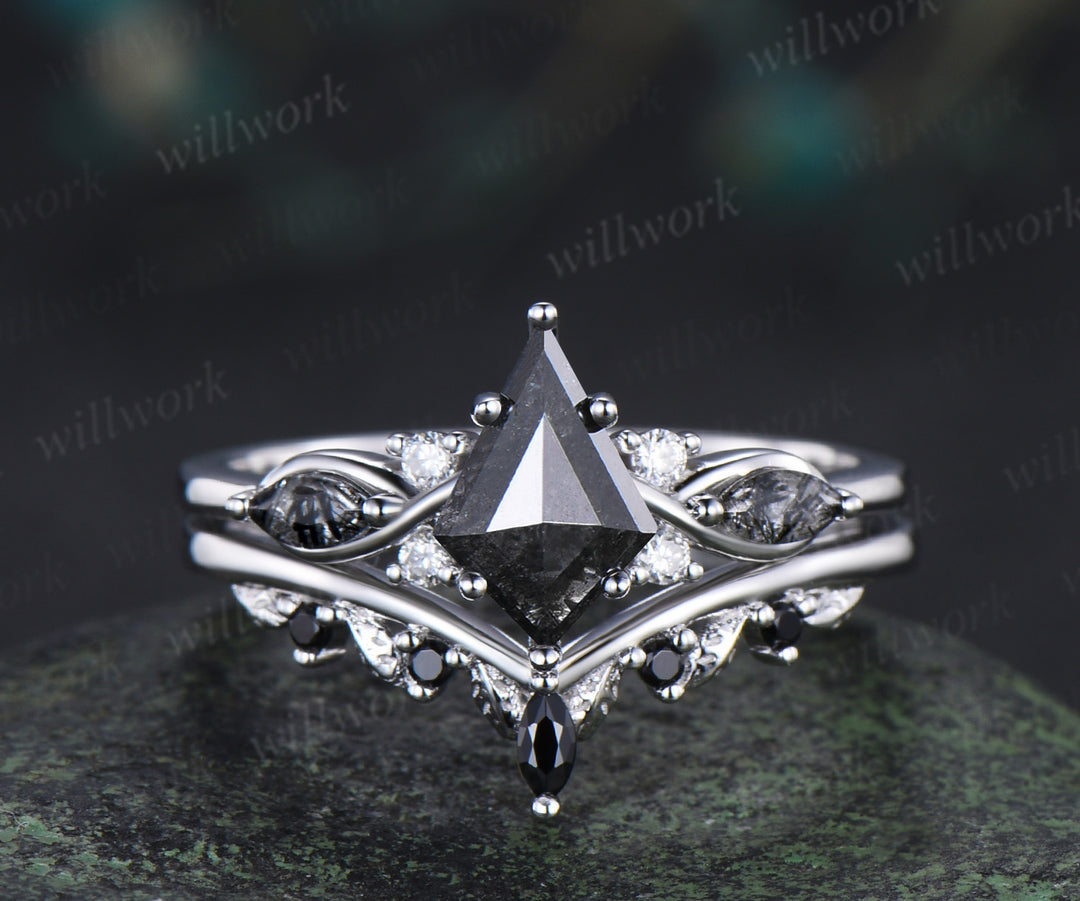 Kite Cut Salt And Pepper Diamond Engagement Ring Set Marquise Black Rutilated Quartz Seven Stone Ring Black Spinels Wedding Band Unique Bridal Set