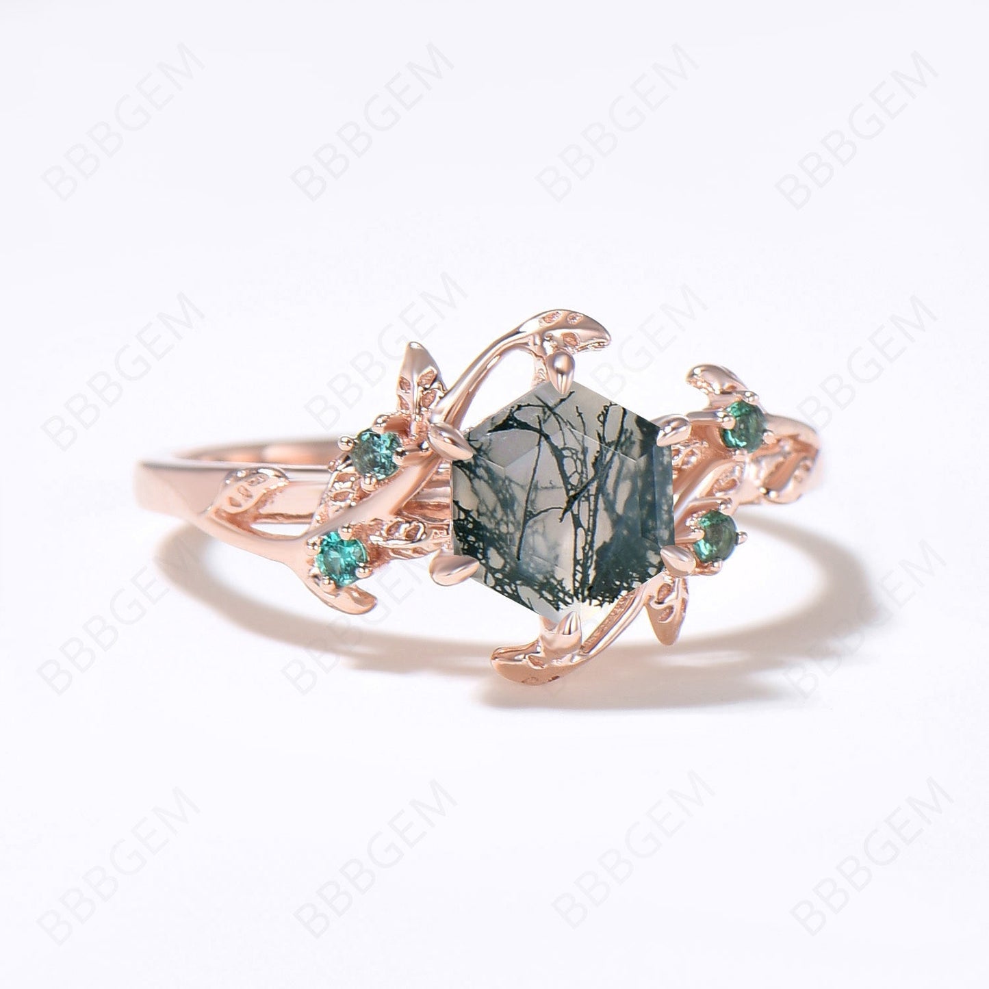 Enchanted Twigs Moss Agate Ring Hexagon Cut Natural Green Moss Engagement Ring Rose Gold Branch Leaf Green Emerald Ring