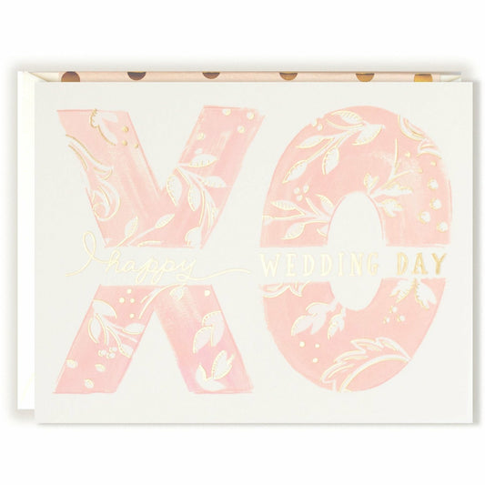 Hugs and Kisses XO Happy Wedding Pink, White, and Gold Card