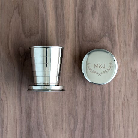 Personalized 2 Oz. Silver Stainless Steel Collapsible Shot Glass - Woodland Monogram - Unique Gift for Her