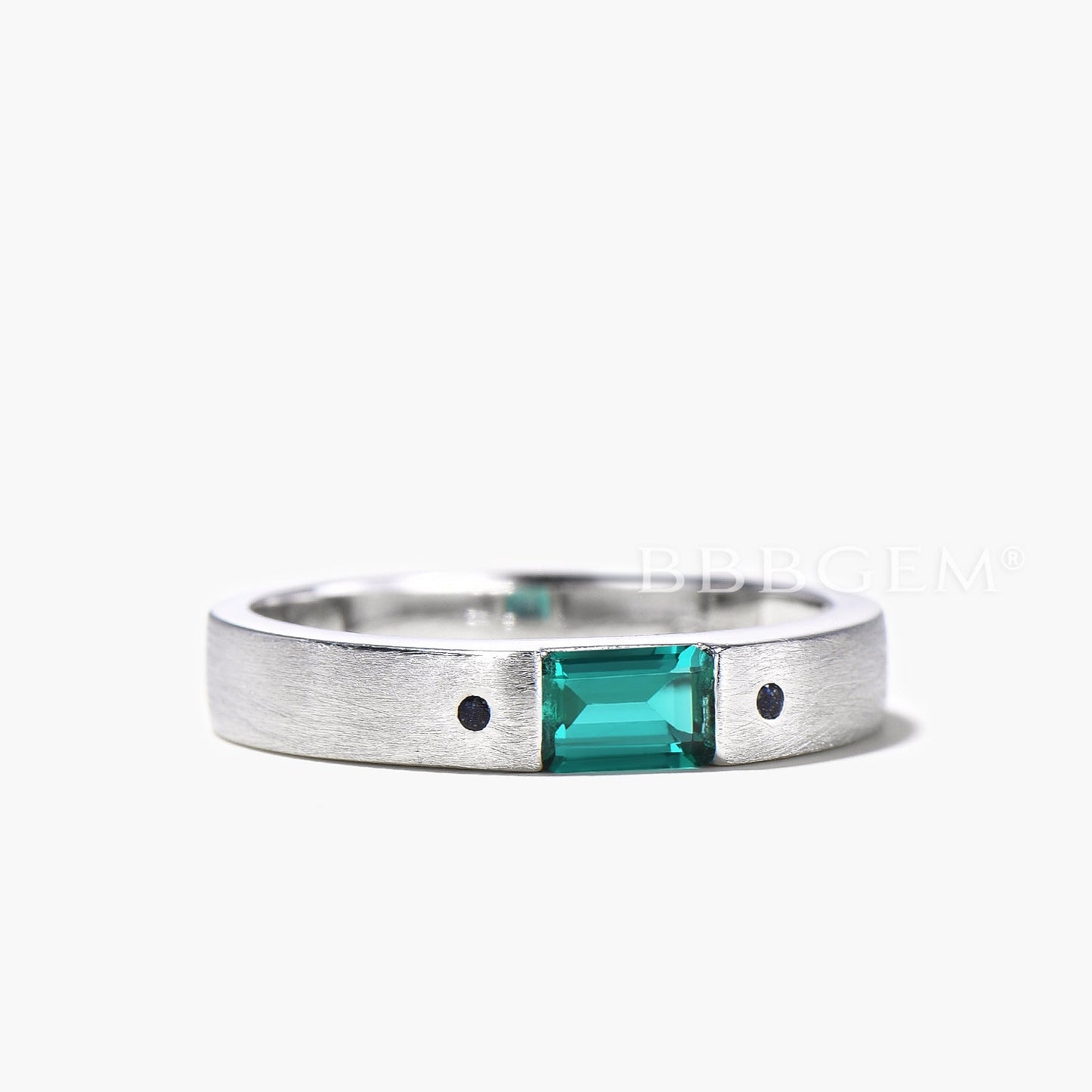 4mm Baguette Cut Emerald Engagement Ring Blue Sandstone Three Stone Ring