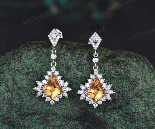 Kite Citrine Drop Earrings Marquise Moissanite Halo Earrings Vintage Dangle Piercing Earrings Wedding Anniversary Gifts