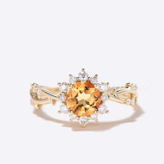 1ct Round Cut Natural Citrine Diamond Halo Wedding Ring Twig Vine Band